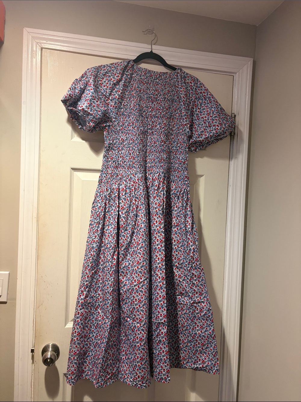 J. Crew Red and Blue Floral Midi Dress with Puff Sleeves - Picture 3 of 6